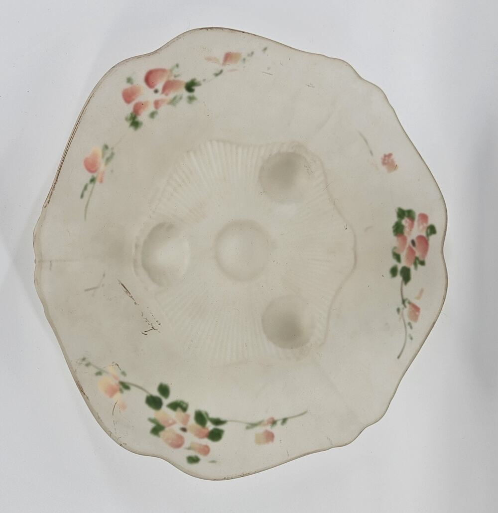 Vintage Lancaster Glass "Carol Pink" Frosted 3-Footed Bowl Hand Painted Floral